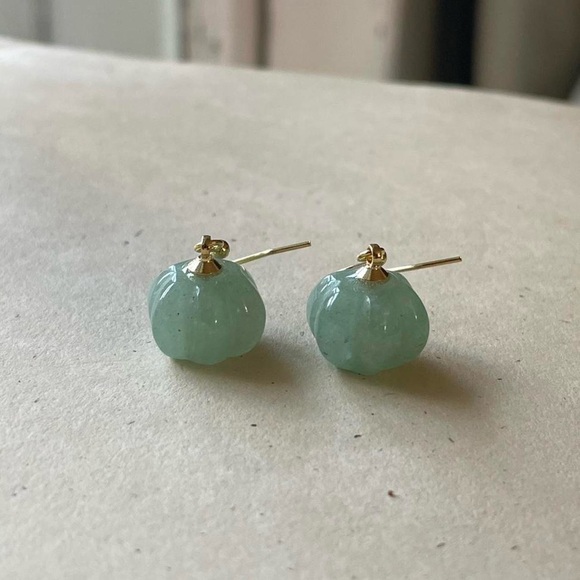 Gold Green Aventurine Stone Pumpkin Earrings - Picture 5 of 5